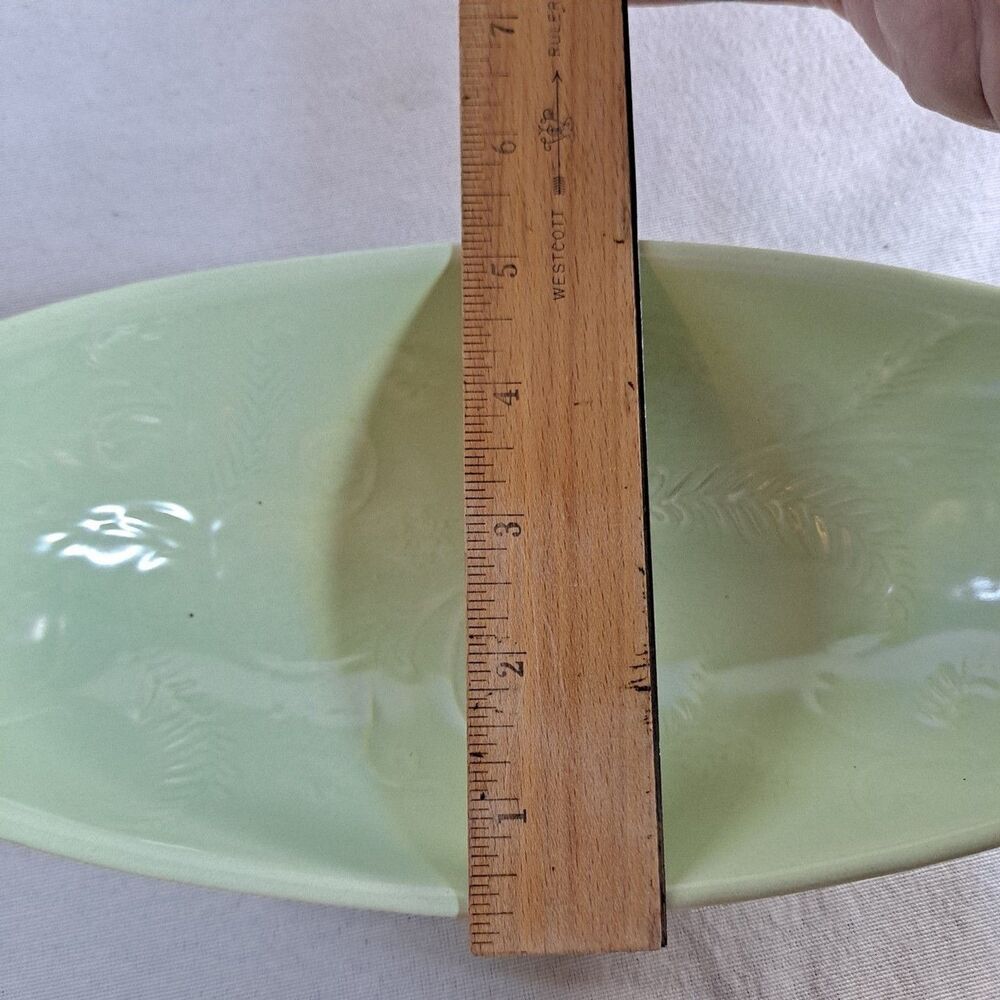 Vintage HULL Pottery Console Footed Bowl Green USA I-18 Glazed Leaf Pattern - Picture 10 of 10